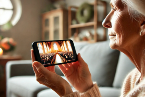 Uma senhora idosa está sentada em uma sala de estar aconchegante, segurando um celular enquanto assiste a uma missa online. O celular está voltado para ela, e sua expressão é serena e concentrada. O ambiente ao redor é acolhedor, com uma mesa lateral e flores ao fundo, transmitindo uma atmosfera de tranquilidade e espiritualidade.