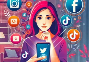 "Ilustração de uma pessoa segurando um smartphone com expressão de curiosidade, enquanto ícones de redes sociais como Instagram, Facebook e TikTok flutuam ao redor do telefone, simbolizando interações online e atividades nas redes sociais.