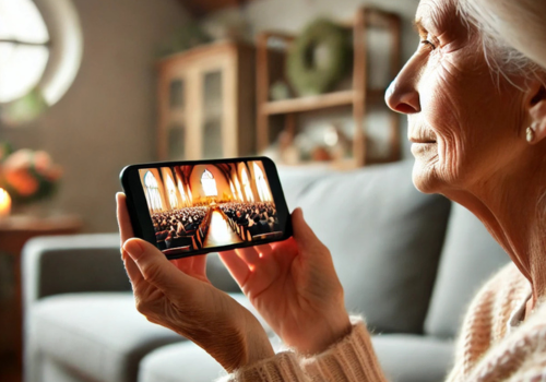 Uma senhora idosa está sentada em uma sala de estar aconchegante, segurando um celular enquanto assiste a uma missa online. O celular está voltado para ela, e sua expressão é serena e concentrada. O ambiente ao redor é acolhedor, com uma mesa lateral e flores ao fundo, transmitindo uma atmosfera de tranquilidade e espiritualidade.